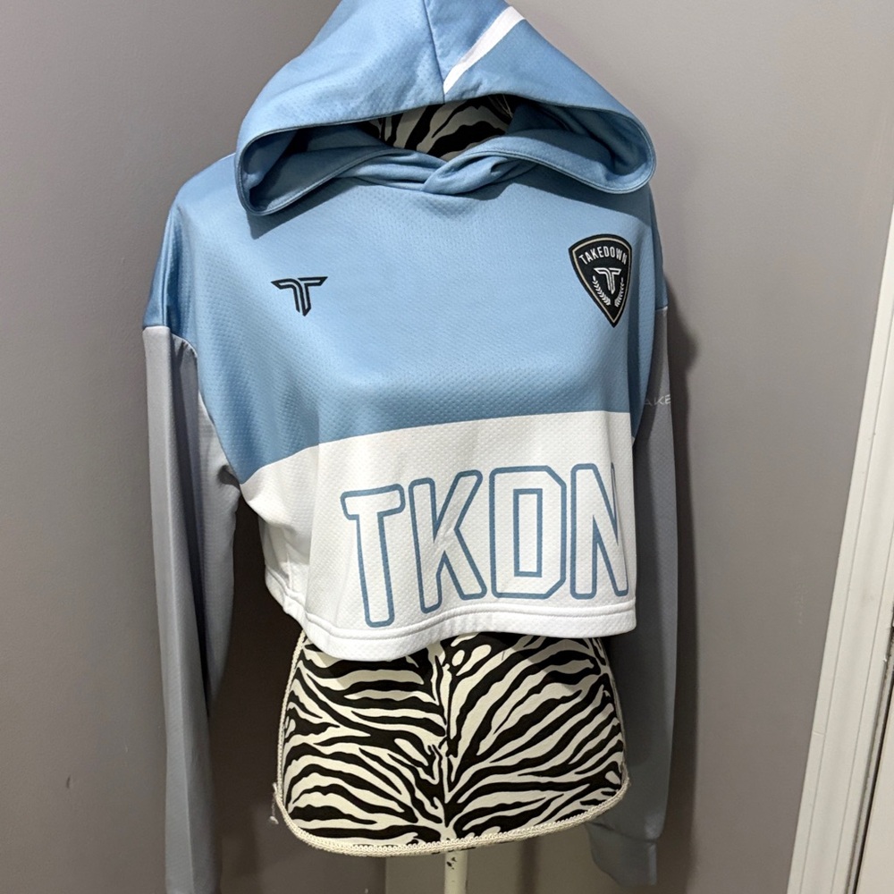 Light Blue and White TKON Cropped Hoodie